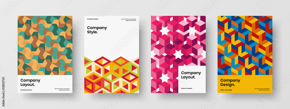 Amazing booklet A4 vector design concept set. Isolated mosaic shapes presentation illustration composition.