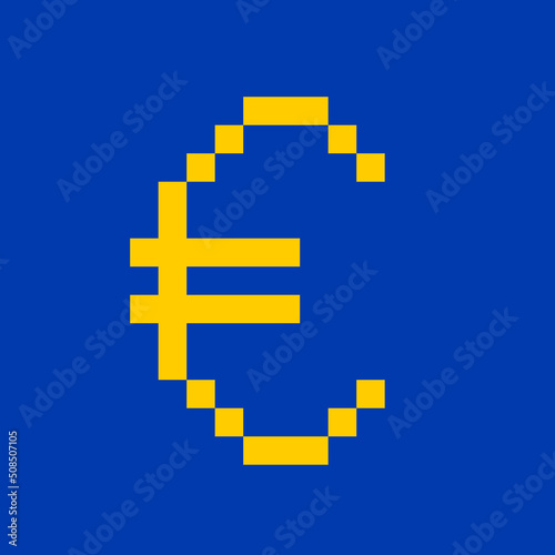 Digital euro - pixelated symbol as metaphor of fiat currency as virtual cryptocurrency and crypto. Vector illustration isolated on plain blue background.