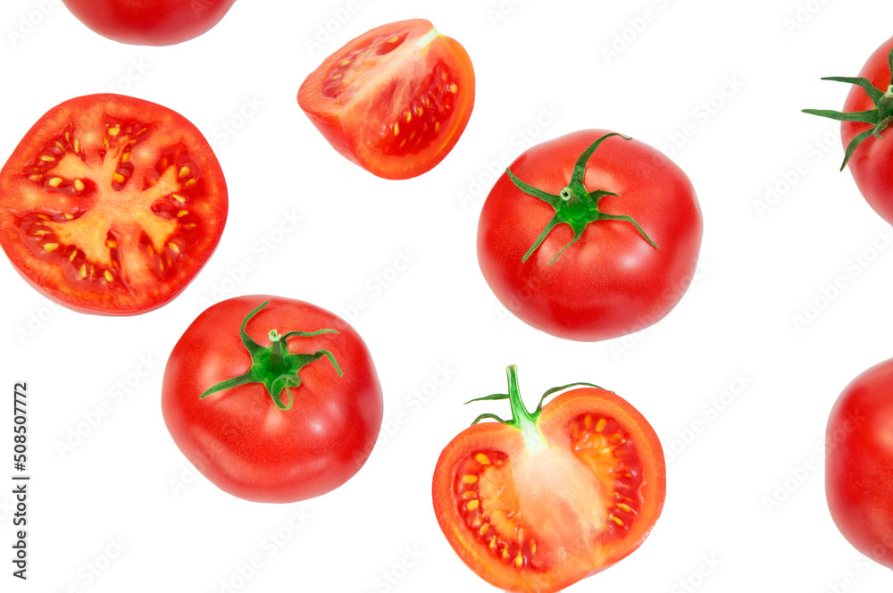 ripe tomatoes on a white background. the concept of cooking tomato sauce. red vegetables on a light texture. juicy pink tomatoes on the table