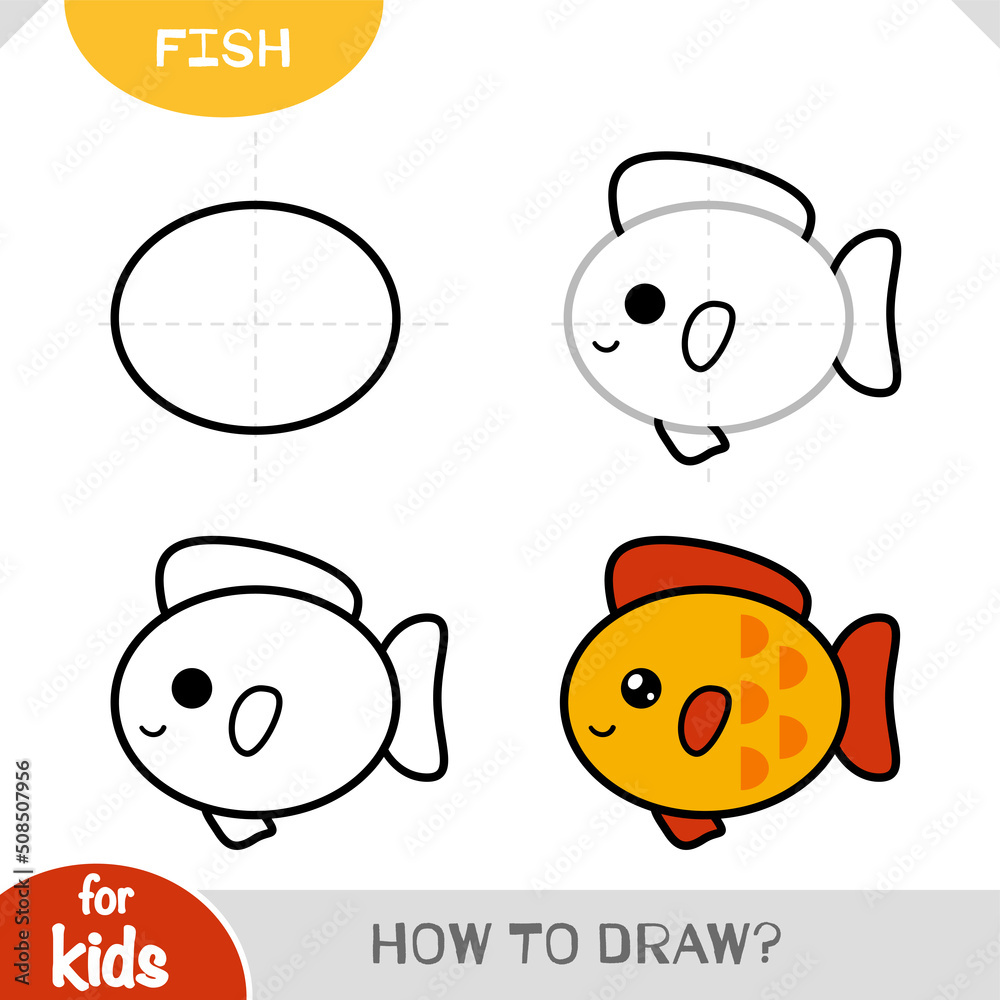 How to draw Fish for children. Step by step drawing tutorial - obrazy, fototapety, plakaty 