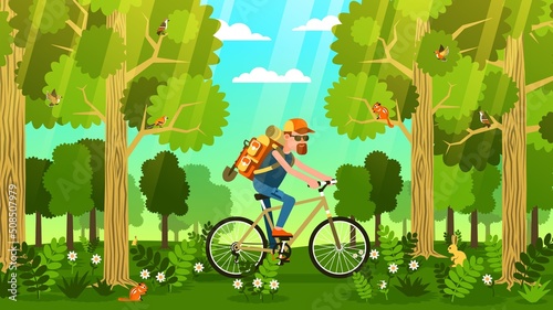 Hiker on bicycle with backpack travels through the green forest. Cartoon cyclist in the wild forest. Vector image.