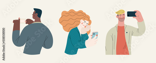 People portrait - Taking photos -Modern flat vector concept illustration of a people taking photo with a phone or camera, half-length portrait, user avatar. Creative landing web page illustartion