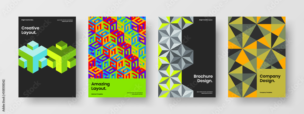Abstract journal cover A4 design vector illustration composition. Trendy mosaic pattern corporate brochure concept bundle. Abstract journal cover A4 design vector illustration composition. Trendy mosaic pattern corporate brochure concept bundle.