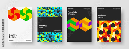 Bright mosaic hexagons pamphlet template set. Minimalistic annual report vector design concept composition.