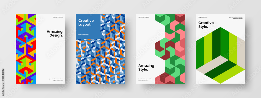 Multicolored mosaic pattern magazine cover layout set. Vivid company identity design vector illustration bundle.
