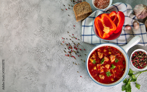 Hungarian goulash soup with paprika, spices and herbs. Traditional cuisine, national dish.