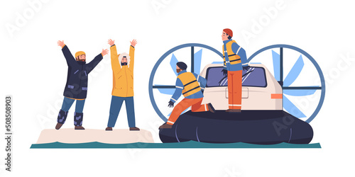 Man on Boat Engaged in Rescue and Life Saving Emergency Operation Finding Lost Tourist on Ice Plate Vector Illustration