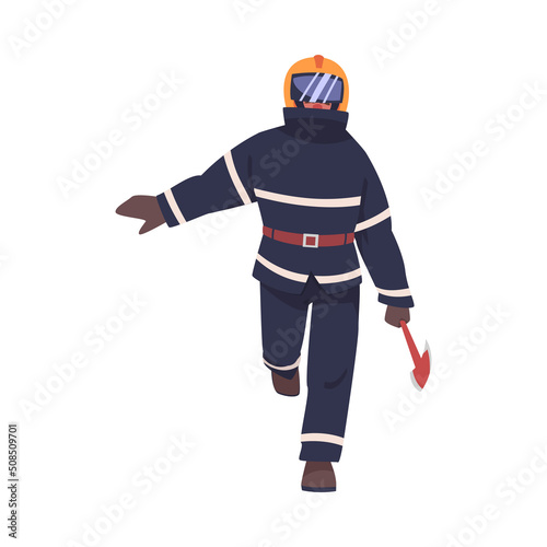Firefighter Character in Fireproof Uniform and Helmet Walking with Axe Vector Illustration