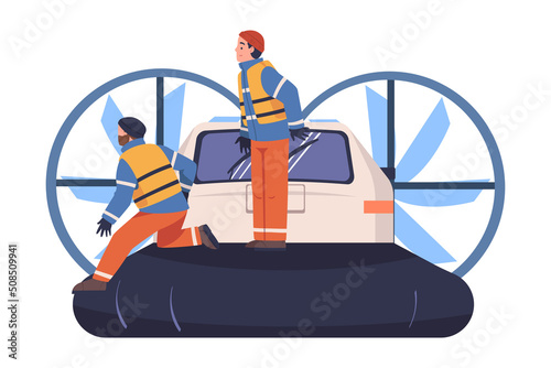 Man Rescuer in Orange Vest on Sailing Boat Engaged in Life Saving Operation Vector Illustration