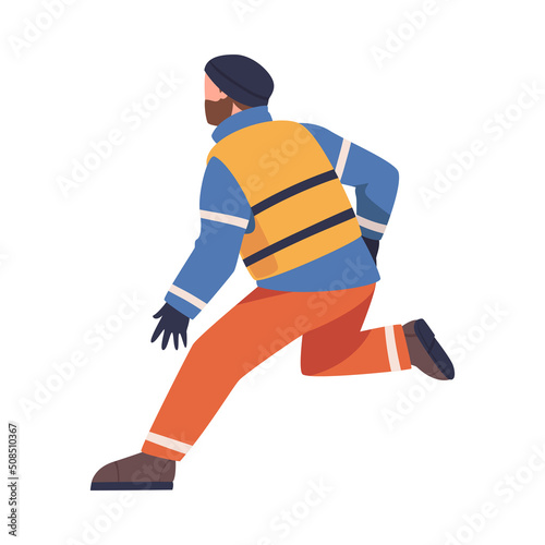 Running Man Rescuer in Orange Vest Engaged in Life Saving Operation Vector Illustration