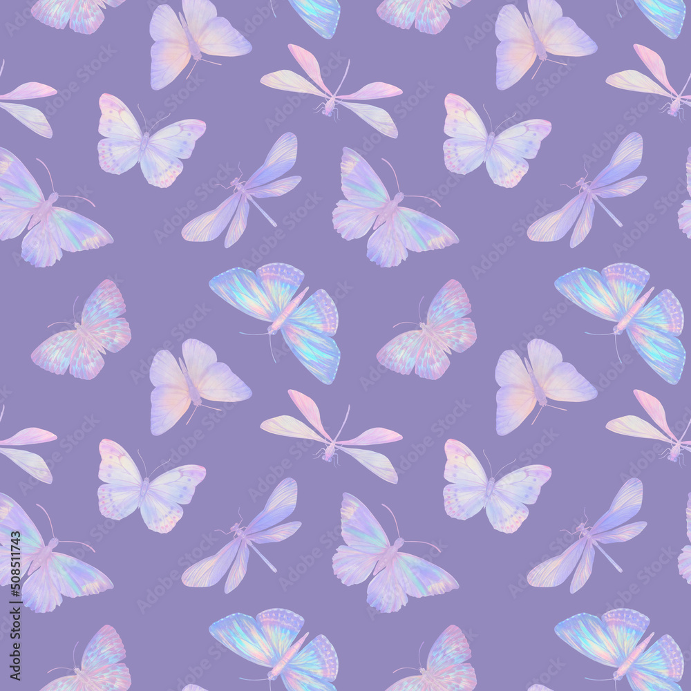 Fototapeta premium Digitally processed seamless botanical pattern. Raster texture of animalistic design. Delicate watercolor butterflies collected in a seamless pattern for design.