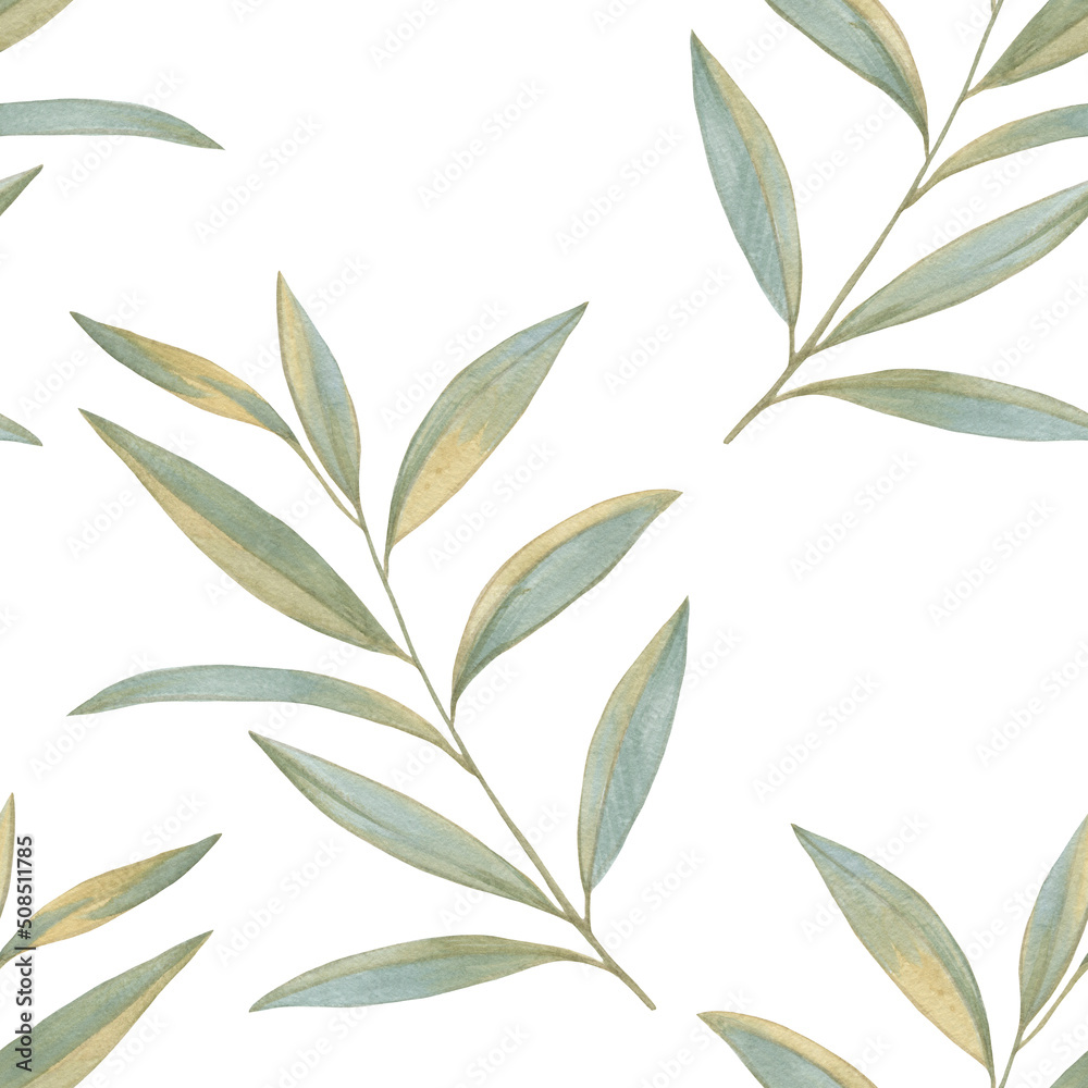 Abstract seamless background of leavesfor design, fabric, wallpaper, wrapping paper. Graceful botanical drawing. Watercolor illustration processed in a digital program. Abstract seamless background of leavesfor design, fabric, wallpaper, wrapping paper. Graceful botanical drawing. Watercolor illustration processed in a digital program.