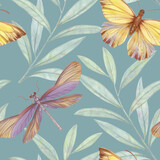 Seamless botanical pattern, graceful leaves and butterflies painted in watercolor. Watercolor illustration processed in a digital program.