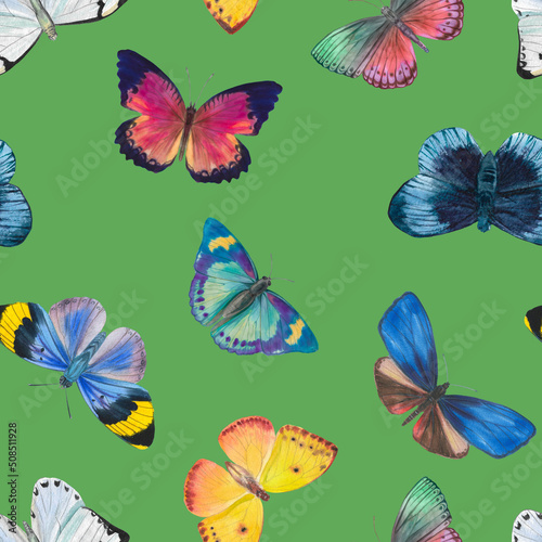 Seamless pattern Watercolor butterflies on a bright background. Botanical background of butterflies for design  wallpapers  wrapping paper  textiles.