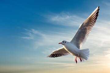 Beautiful sunny sky with white clouds and flying seagull birds