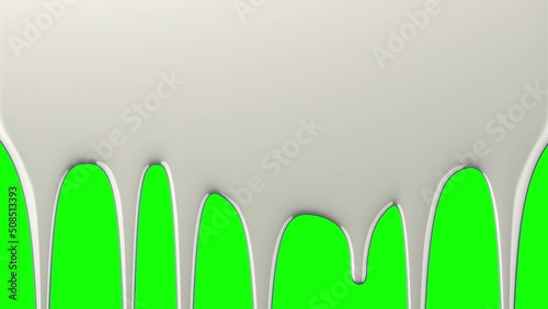 Milk drips on green screen and transparent background. White liquid flowing down the surface in streams, melting drops forming streaks. 3D animation. Chroma key, alpha channel ProRes 4444 in 4k UHD.