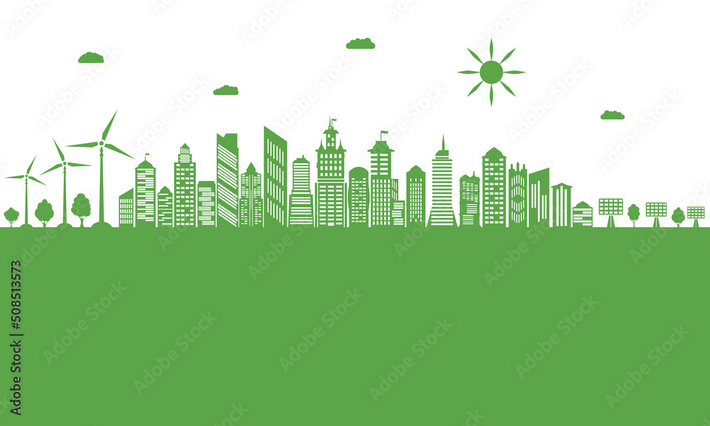 Ecological city and environment conservation. Renewable energy sources. Green city with wind energy and solar panels. Think green.