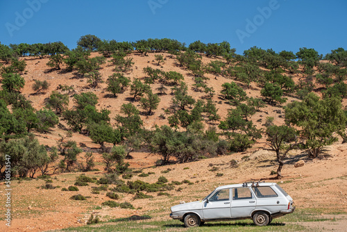 old Renault 12 familiar in front argan grove, Isk n Mansour park, road from Essaouira to Agadir,morocco, africa photo