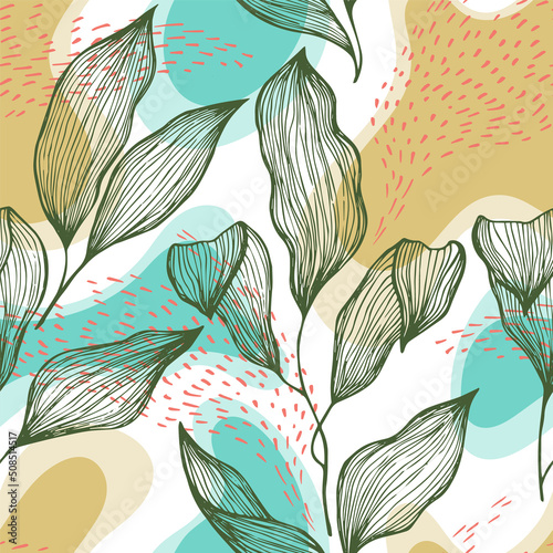 Sketch style doodle line texture leaves over stains and dots seamless vector pattern organic design.