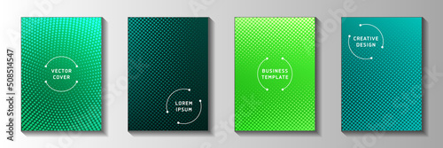 Tech point perforated halftone cover page templates vector series. Industrial brochure faded