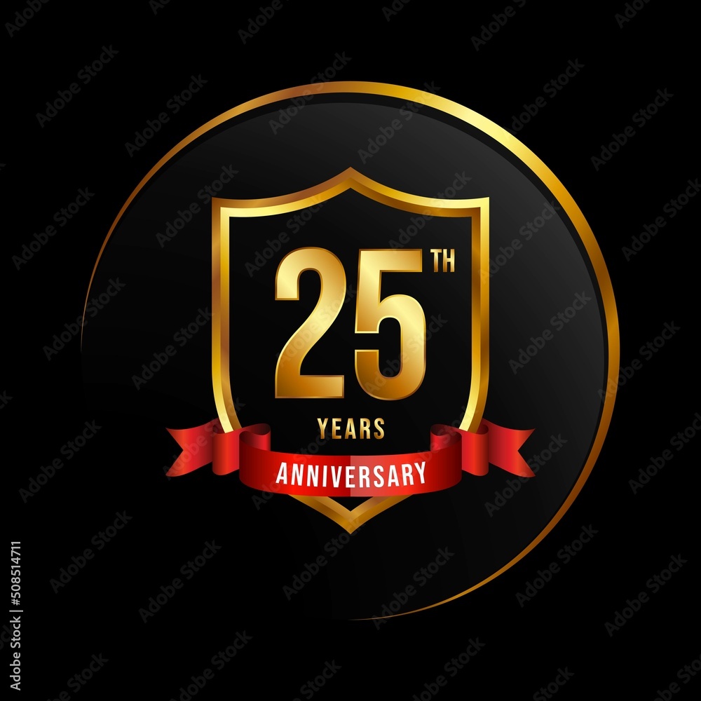 25 years anniversary logo with golden shield and ribbon for booklet, leaflet, magazine, brochure poster, banner, web, invitation or greeting card. Vector illustrations. 25 years anniversary logo with golden shield and ribbon for booklet, leaflet, magazine, brochure poster, banner, web, invitation or greeting card. Vector illustrations.