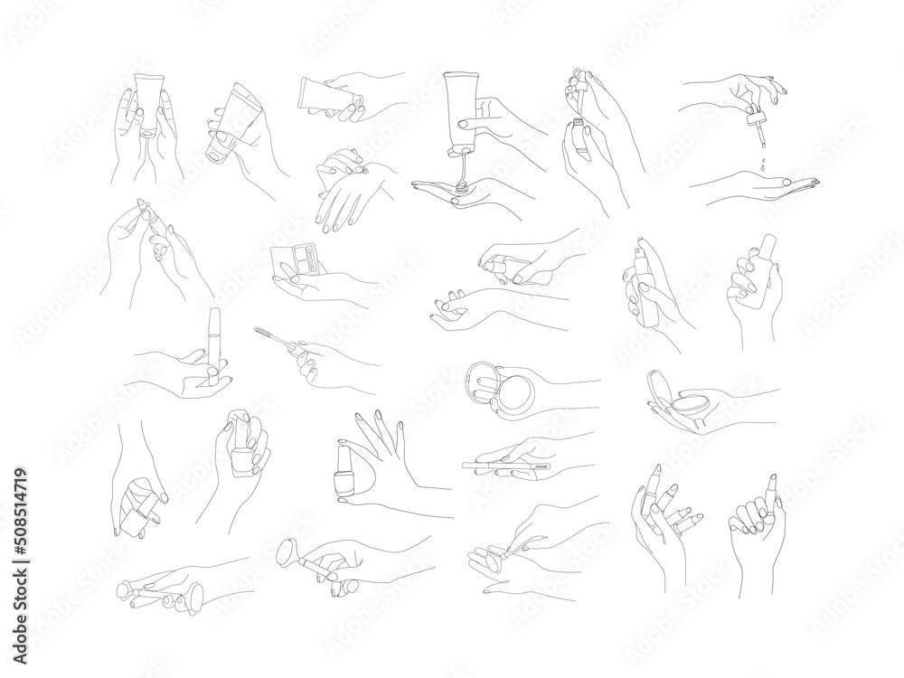 big set of contour female hands with various cosmetics, gentle hands line art isolated on white background, set for creating beauty advertising and print