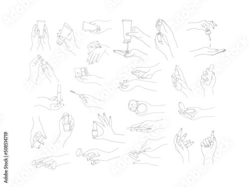 big set of contour female hands with various cosmetics, gentle hands line art isolated on white background, set for creating beauty advertising and print