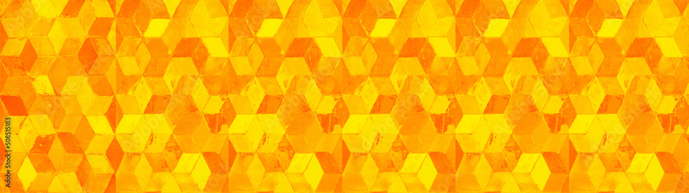Old abstract yelow orange vintage geometric shabby mosaic motif porcelain stoneware tiles stone concrete cement wall wallpaper texture background banner panorama, with square cubes 3D print - obrazy, fototapety, plakaty 
