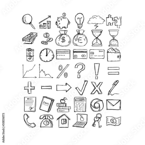 Set of hand-drawn finance icons (black and white) included schedules, marks, currency, finance stuff, and tablets.
