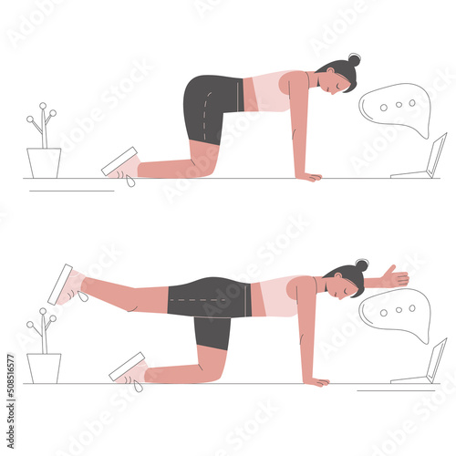 Woman doing Bird Dog exercise, woman workout fitness, aerobic and exercises . Workout for balance. Fitness and health concepts. Vector flat illustration. Online training concept.