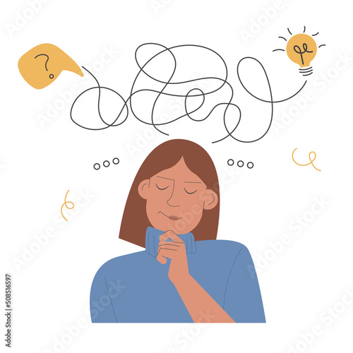 Young girl thinking, woman making choice, concept idea and finding solution. Light-bulb moment. Flat vector illustration