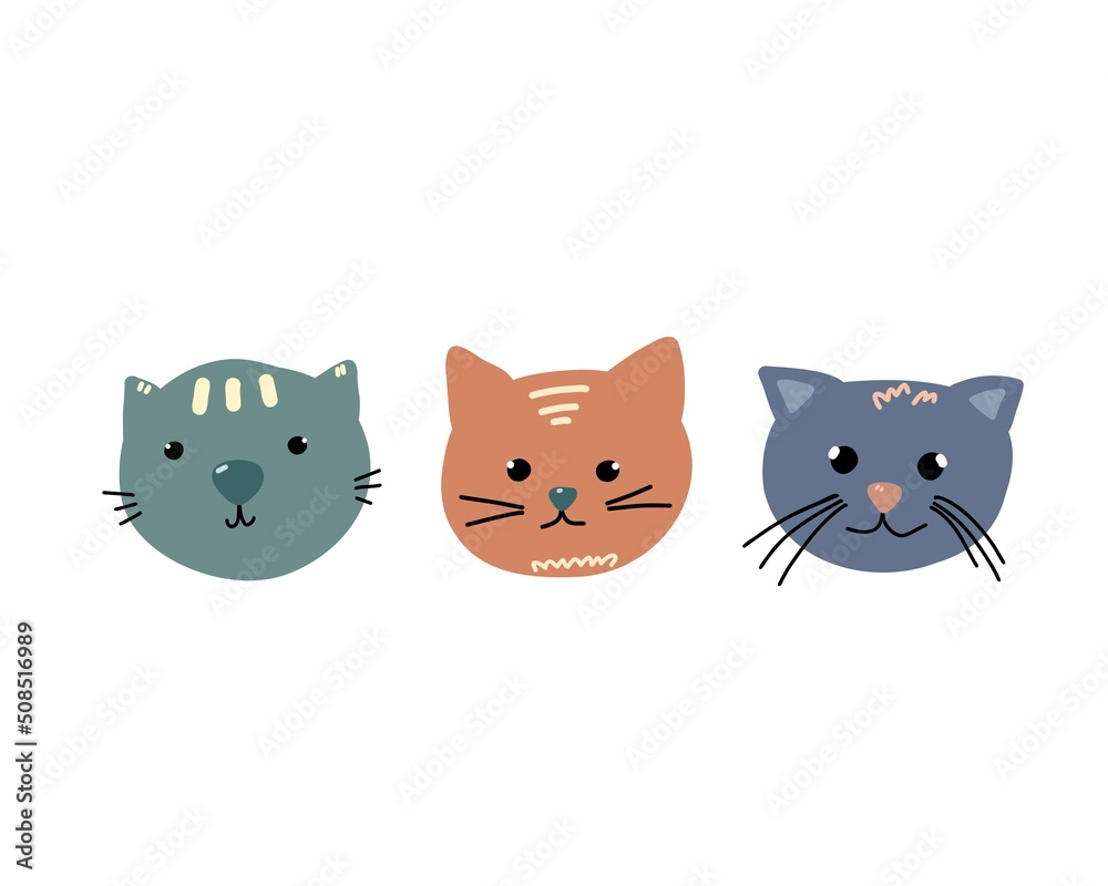 Illustration of cartoon kittens. Cute muzzles of cats for children's books, games, postcards.
