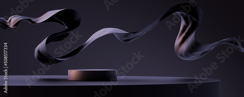 Luxury 3d podium with flying cloth. illustration in trendy black colors. Wide background for product and cosmetics presentation.