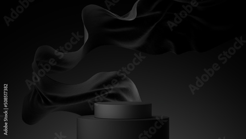 Luxury 3d podium with flying cloth. illustration in trendy black colors. Background for product and cosmetics presentation.