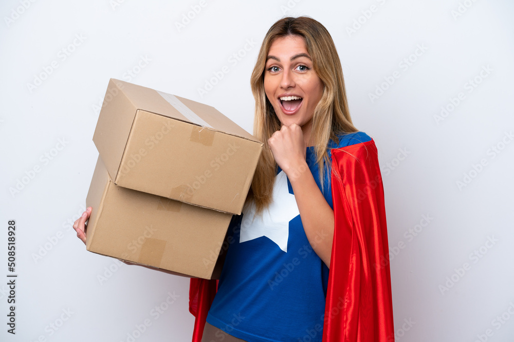 Super Hero delivery woman isolated on white background celebrating a victory Super Hero delivery woman isolated on white background celebrating a victory