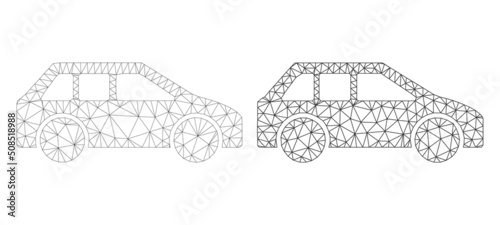 Polygonal mesh car icons. Flat model versions are created from car symbol and mesh lines. Abstract lines, triangles and points combined into car frame. Flat carcass mesh model for flat car symbol.