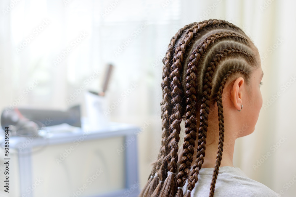 Girl in a hairdressing salon with a beautiful summer hairstyle in African style. Many thin braids on the girl's head - obrazy, fototapety, plakaty 