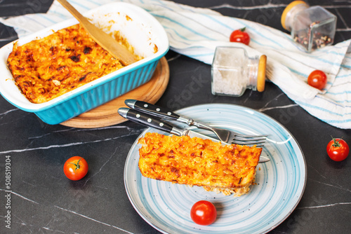 Traditional italian lasagna with minced meat and cheese