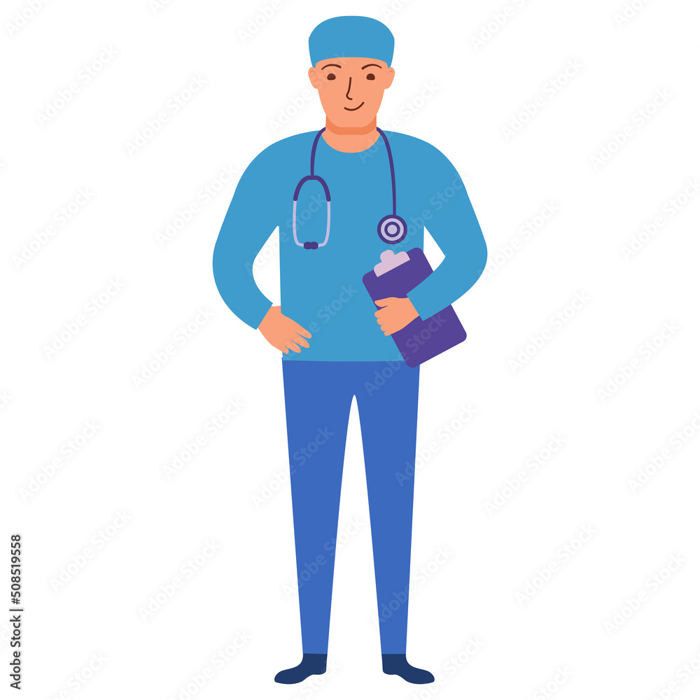 Male surgeon.Doctor man in uniform.Avatar of young smiling doctor.Medical scrubs and cap.Medic worker or practitioner.Vector flat illustration. Male surgeon.Doctor man in uniform.Avatar of young smiling doctor.Medical scrubs and cap.Medic worker or practitioner.Vector flat illustration.