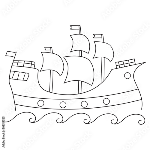 Cartoon ship for sea.Sailing ship. Doodle sketch style .Isolated on white background. Outline vector illustration.