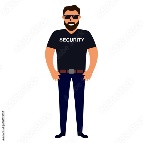 Man security guard of nightclub.Face control.Bouncer in sunglasses.Character cartoon vector illustration.Security guy suit for a shirt and trousers.Isolated on white background.
