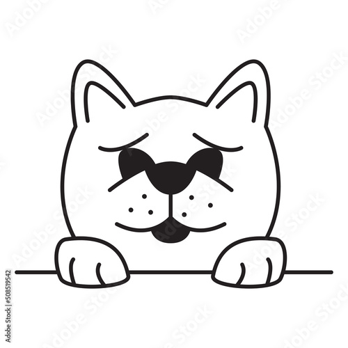 Cute puppy paws up over wall.Dog hanging on border.Outline vector illustration. Isolated on white background.