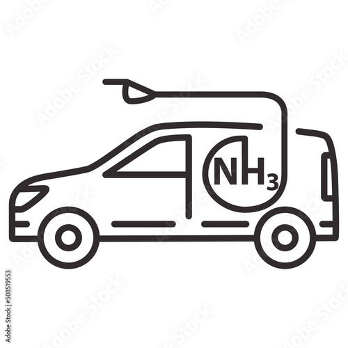 Ammoniac gas fuel car.Transport uses NH3. Automobiles with ammoniac motor.Clean transportation concept.Outline vector illustration. Isolated on white background.