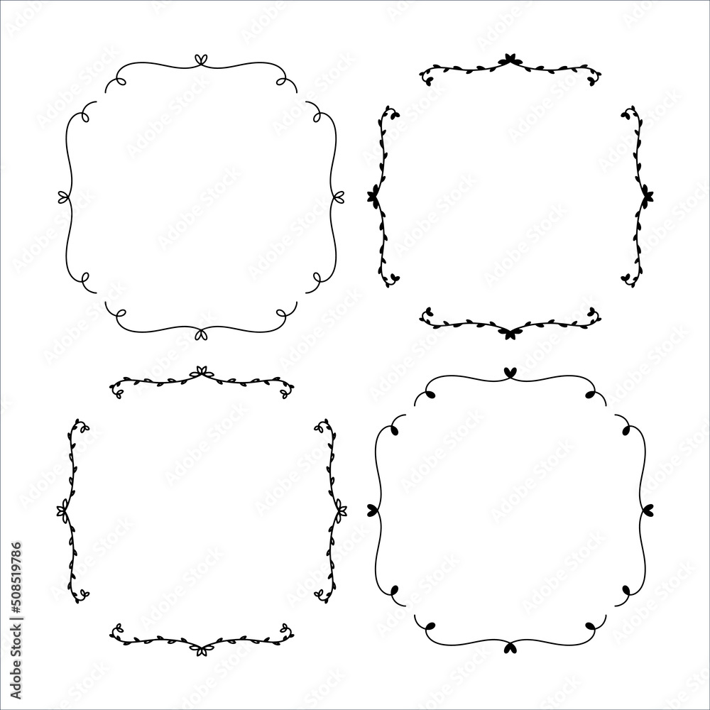 Set of 4 square floral frames. Silhouette and outline hand drawn frames