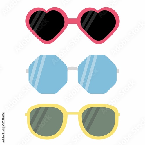 A set of pink, blue and yellow frame sunglasses with black and dark lenses. Vector illustration in flat style