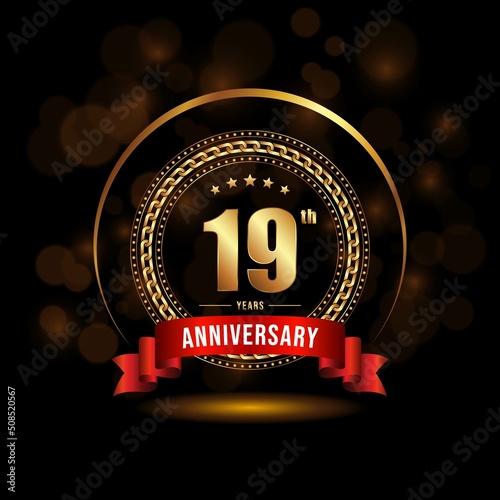19 years anniversary logo with golden ring and ribbon for booklet, leaflet, magazine, brochure poster, banner, web, invitation or greeting card. Vector illustrations.