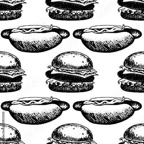Fototapeta Hand drawn seamless pattern of hamburger and hotdog