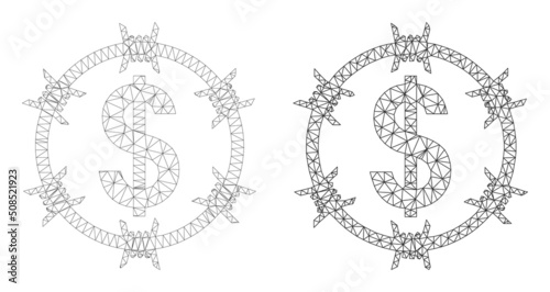 Polygonal mesh barbed wire dollar icons. Flat structure variants created from barbed wire dollar icon and mesh lines. Abstract lines, triangles and points combined into barbed wire dollar mesh.