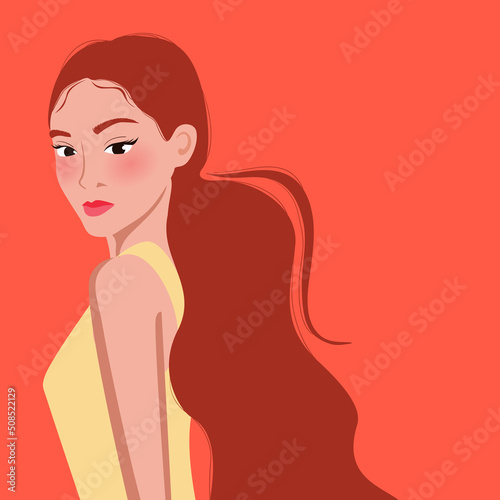 a woman with long brown hair in a yellow dress looks from behind