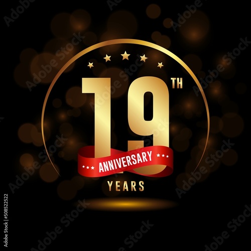 19 years anniversary logo with golden ring and ribbon for booklet, leaflet, magazine, brochure poster, banner, web, invitation or greeting card. Vector illustrations.